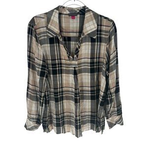 Vince Camuto Blouse Womens Large Plaid Pullover Henley Soft Flannel Rayon NEW